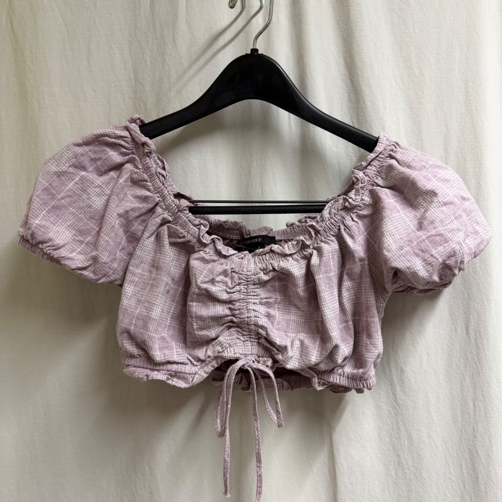 Forever 21 Womens Purple Plaid Ruched Puff Sleeve Crop Top Size SMl Cottagecore